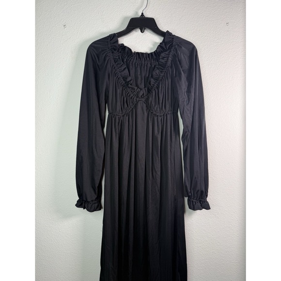 Vtg Black Midi Dress Ruffles Ruched Bodice By Robert David Morton Off Shoulder - Picture 2 of 11